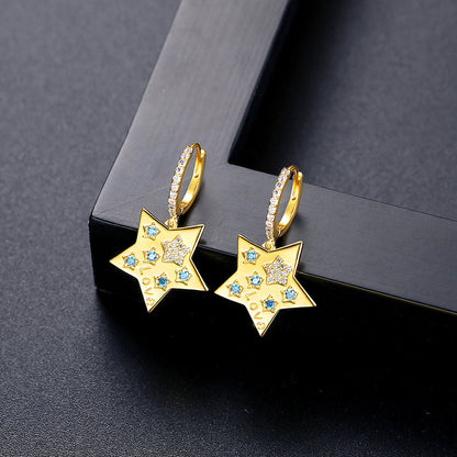 Blue Cubic Zirconia and 18K Gold-Plated Star Huggie Earrings, gold huggie earrings, vintage-inspired design, front view