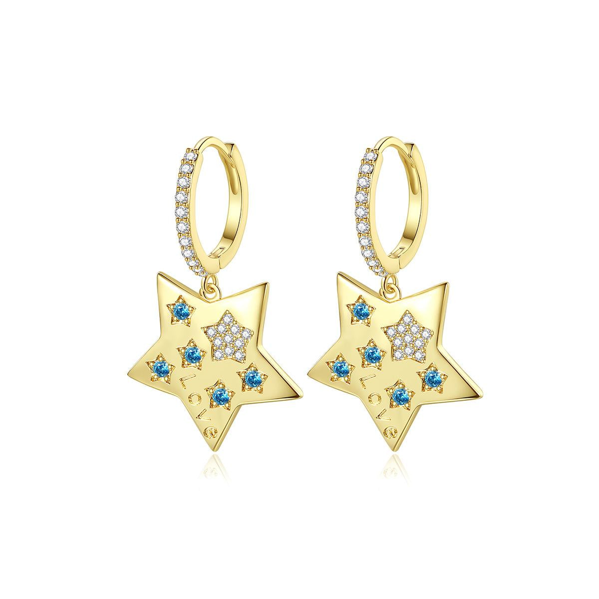 Blue Cubic Zirconia and 18K Gold-Plated Star Huggie Earrings, gold huggie earrings, vintage-inspired design, side view