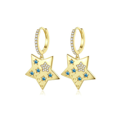 Blue Cubic Zirconia and 18K Gold-Plated Star Huggie Earrings, gold huggie earrings, vintage-inspired design, side view