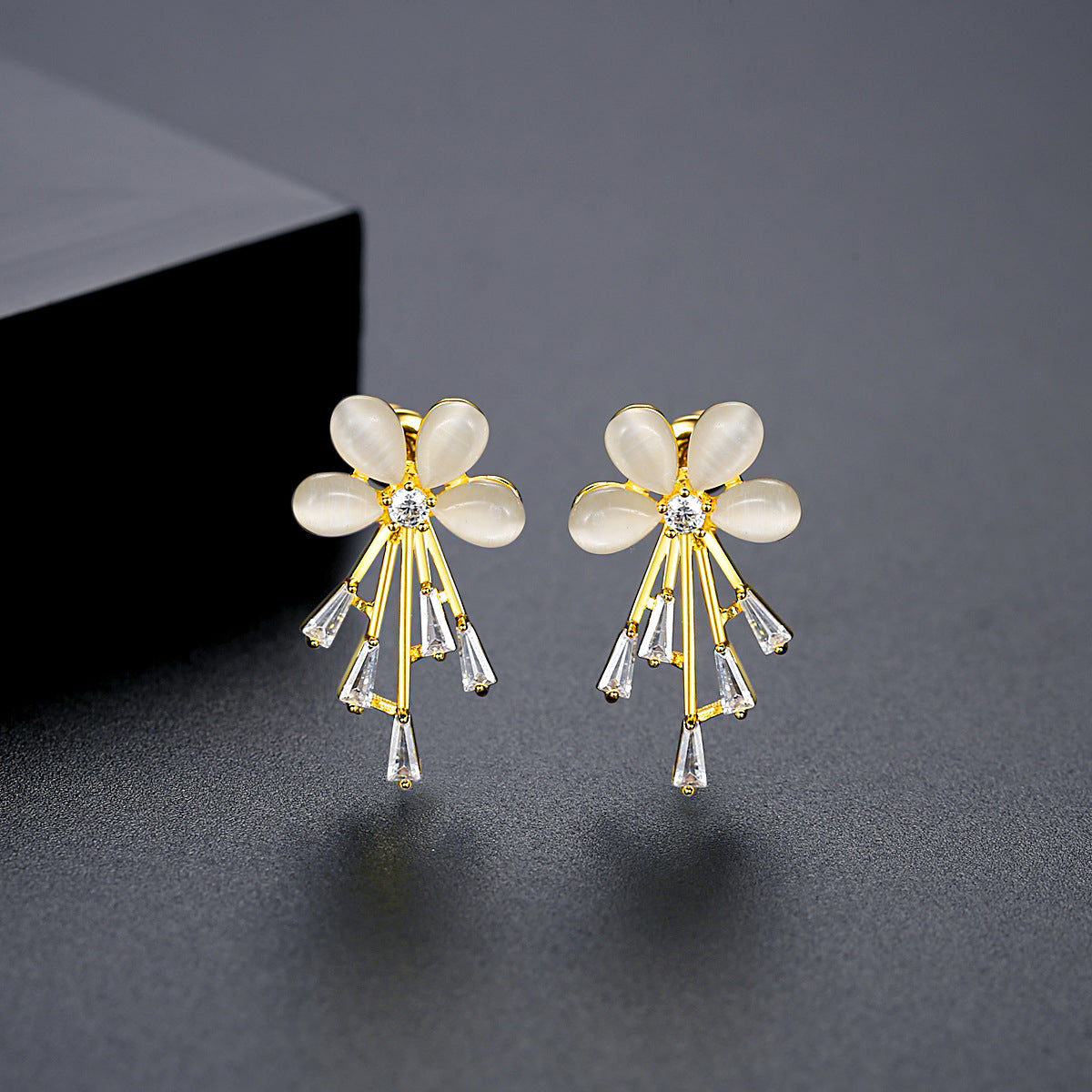 Cats Eye and Cubic Zirconia Flower Stud Earrings, drop earrings for women, botanical inspired, side view
