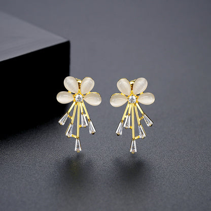 Cats Eye and Cubic Zirconia Flower Stud Earrings, drop earrings for women, botanical inspired, side view