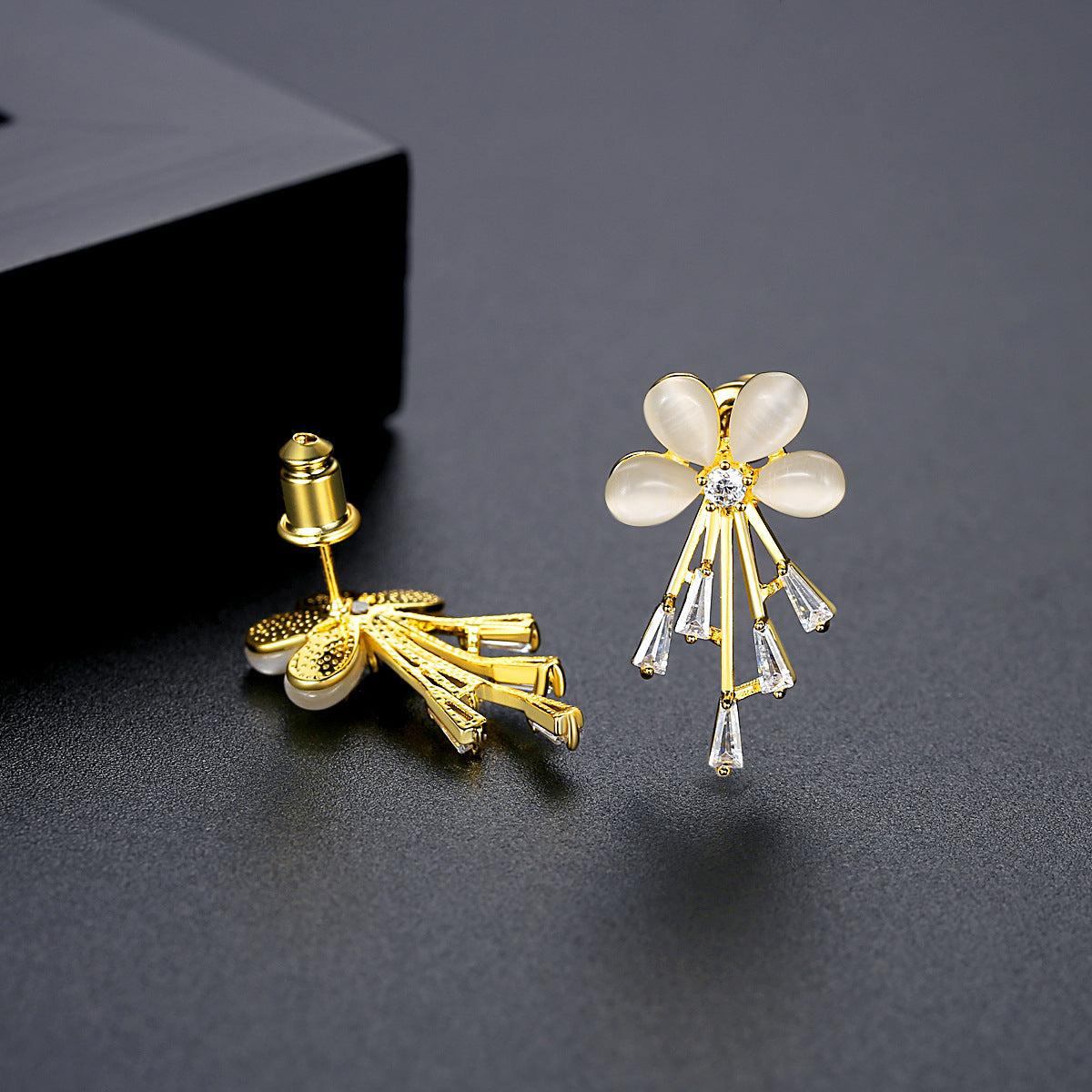 Cats Eye and Cubic Zirconia Flower Stud Earrings, drop earrings for women, botanical inspired, detail close-up