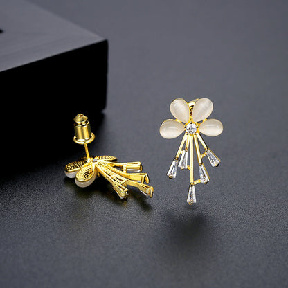 Cats Eye and Cubic Zirconia Flower Stud Earrings, drop earrings for women, botanical inspired, detail close-up