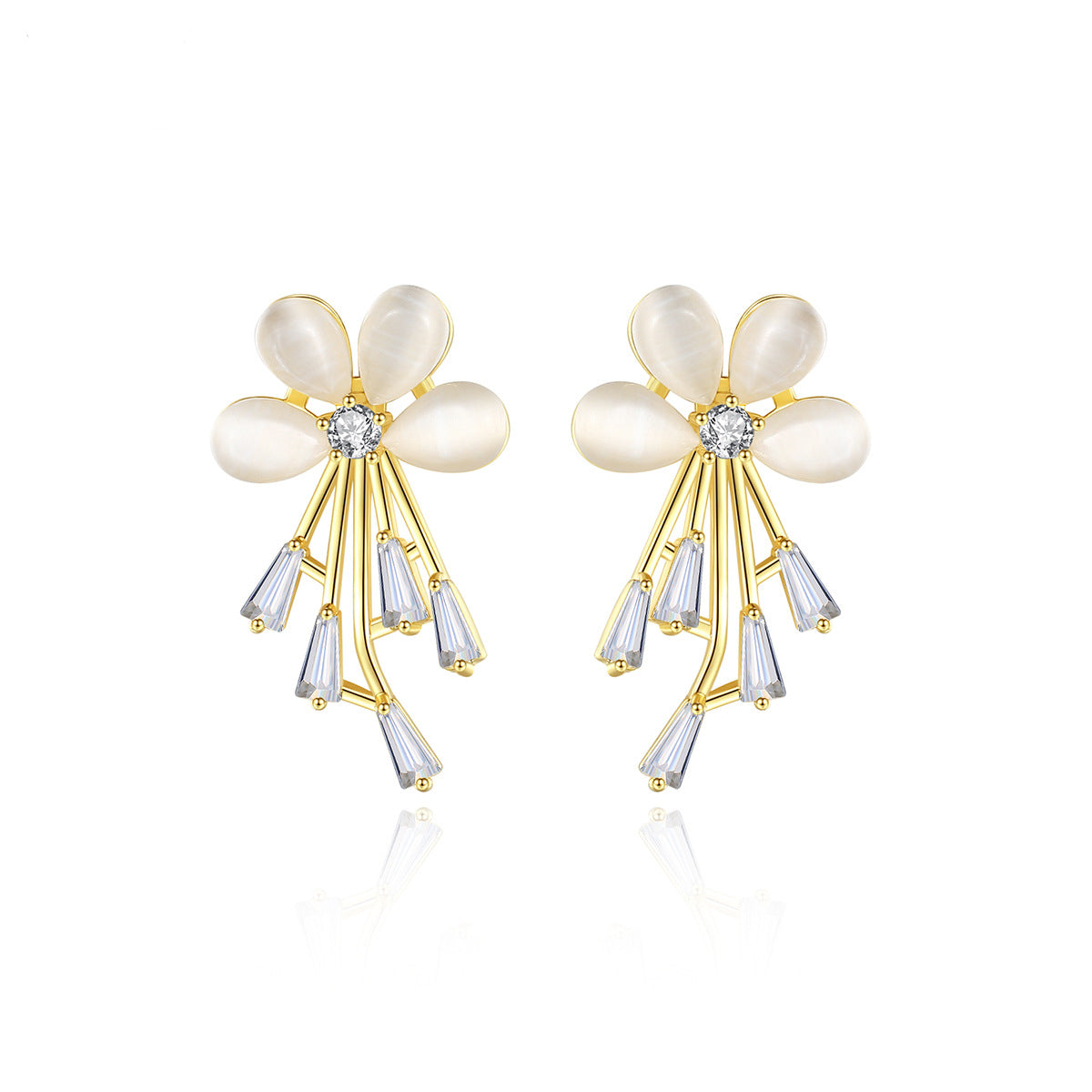 Cats Eye and Cubic Zirconia Flower Stud Earrings, drop earrings for women, botanical inspired, front view