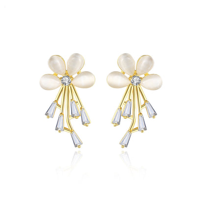 Cats Eye and Cubic Zirconia Flower Stud Earrings, drop earrings for women, botanical inspired, front view
