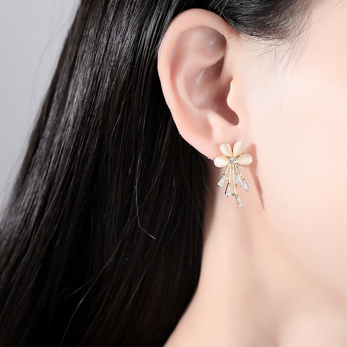 Cats Eye and Cubic Zirconia Flower Stud Earrings, drop earrings for women, botanical inspired, lifestyle look
