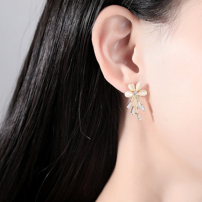 Cats Eye and Cubic Zirconia Flower Stud Earrings, drop earrings for women, botanical inspired, lifestyle look