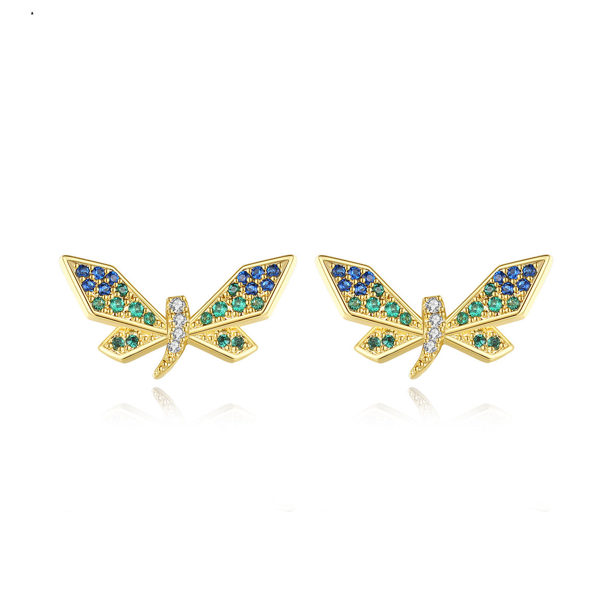 Cubic Zirconia and 18K Gold-Plated Dragonfly Stud Earrings, gold stud earrings for women, botanical inspired, front view