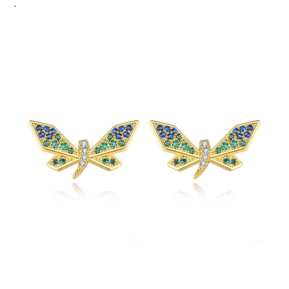 Cubic Zirconia and 18K Gold-Plated Dragonfly Stud Earrings, gold stud earrings for women, botanical inspired, front view