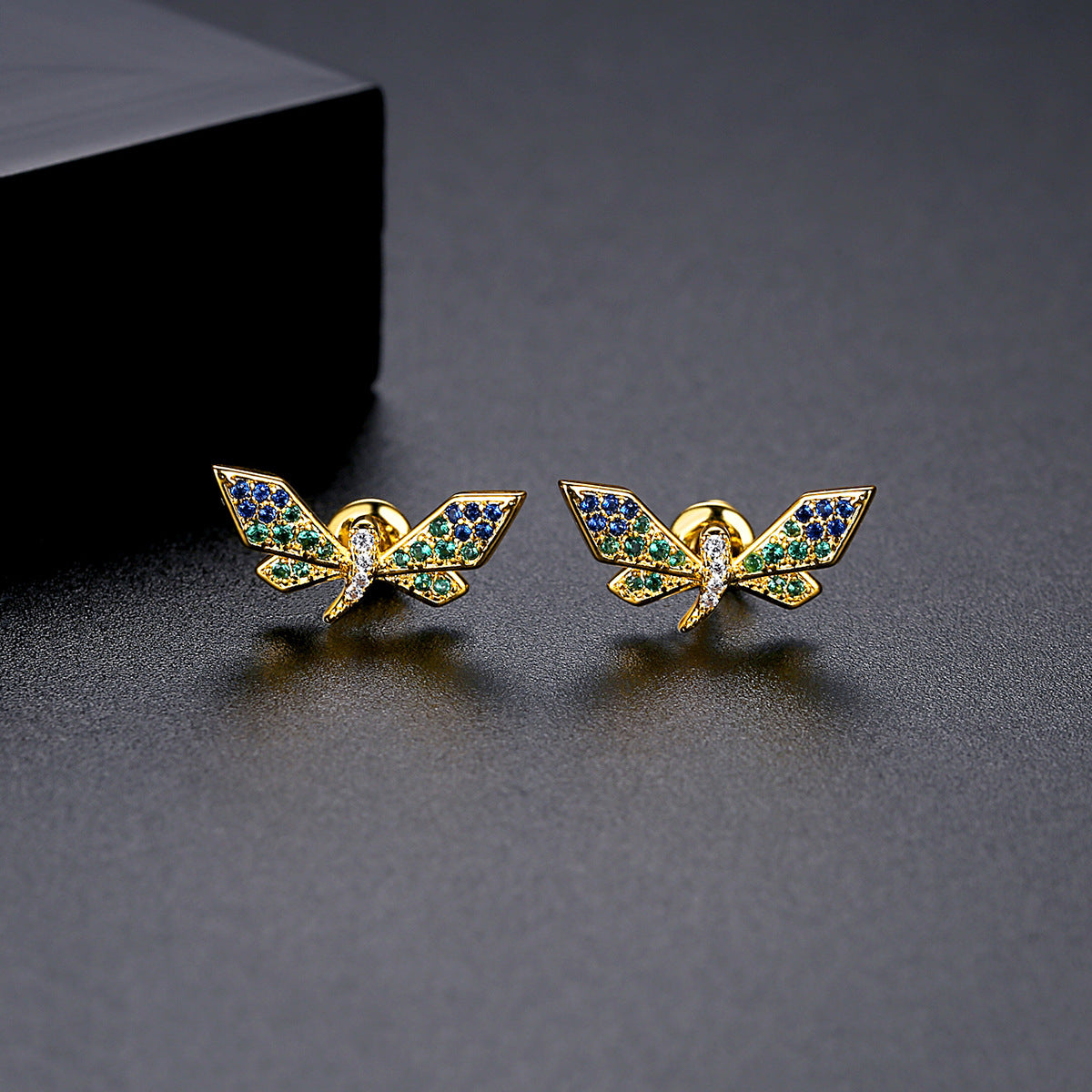 Cubic Zirconia and 18K Gold-Plated Dragonfly Stud Earrings, gold stud earrings for women, botanical inspired, side view