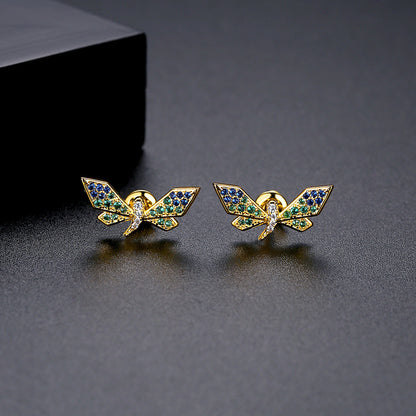 Cubic Zirconia and 18K Gold-Plated Dragonfly Stud Earrings, gold stud earrings for women, botanical inspired, side view