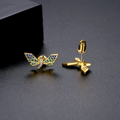 Cubic Zirconia and 18K Gold-Plated Dragonfly Stud Earrings, gold stud earrings for women, botanical inspired, detail close-up