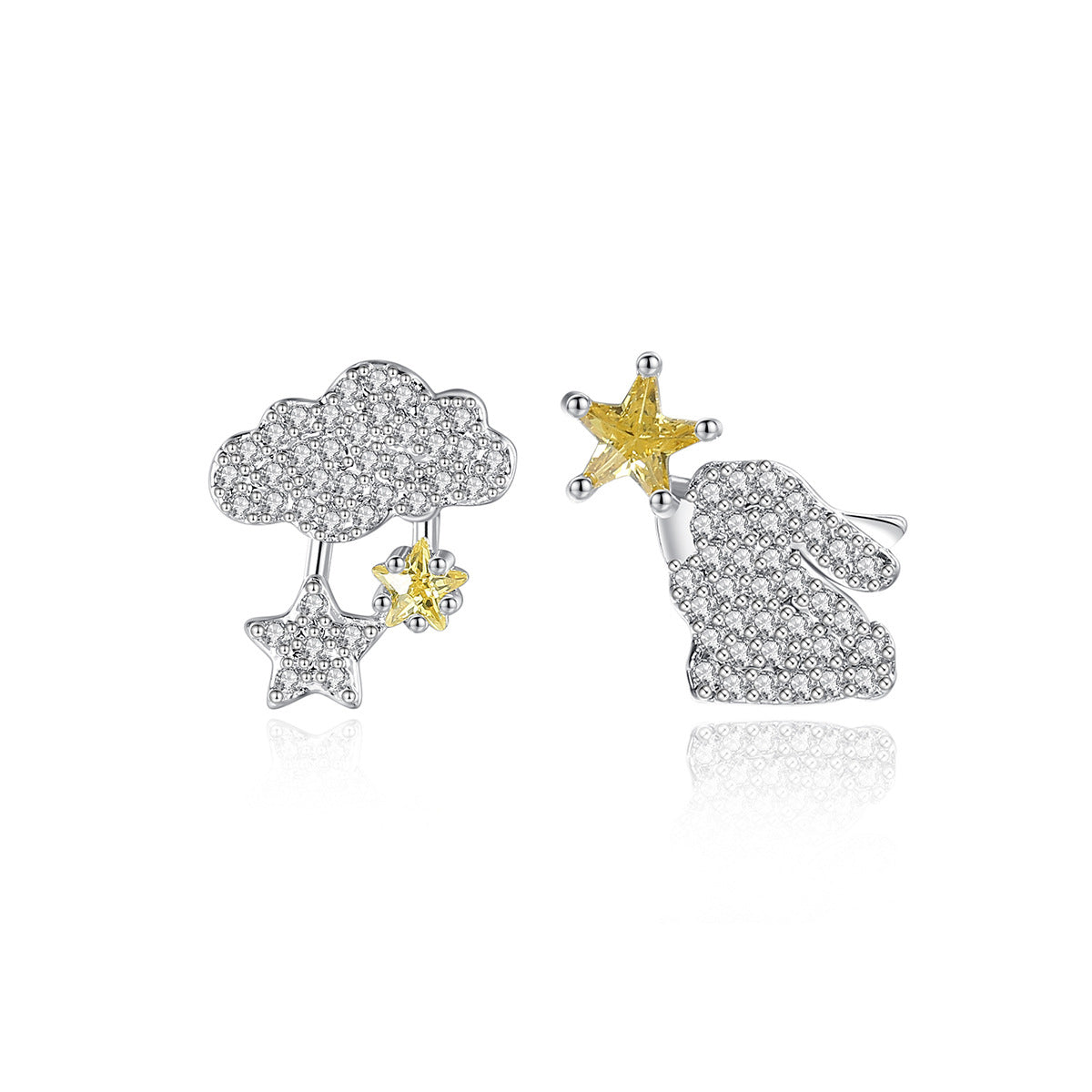 Yellow Crystal and Cubic Zirconia Silver-Plated Cloud and Rabbit Stud Earrings, silver stud earrings for women, front view