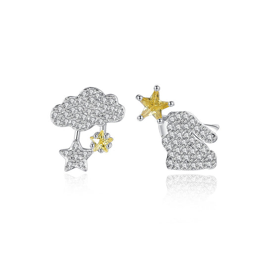 Yellow Crystal and Cubic Zirconia Silver-Plated Cloud and Rabbit Stud Earrings, silver stud earrings for women, front view