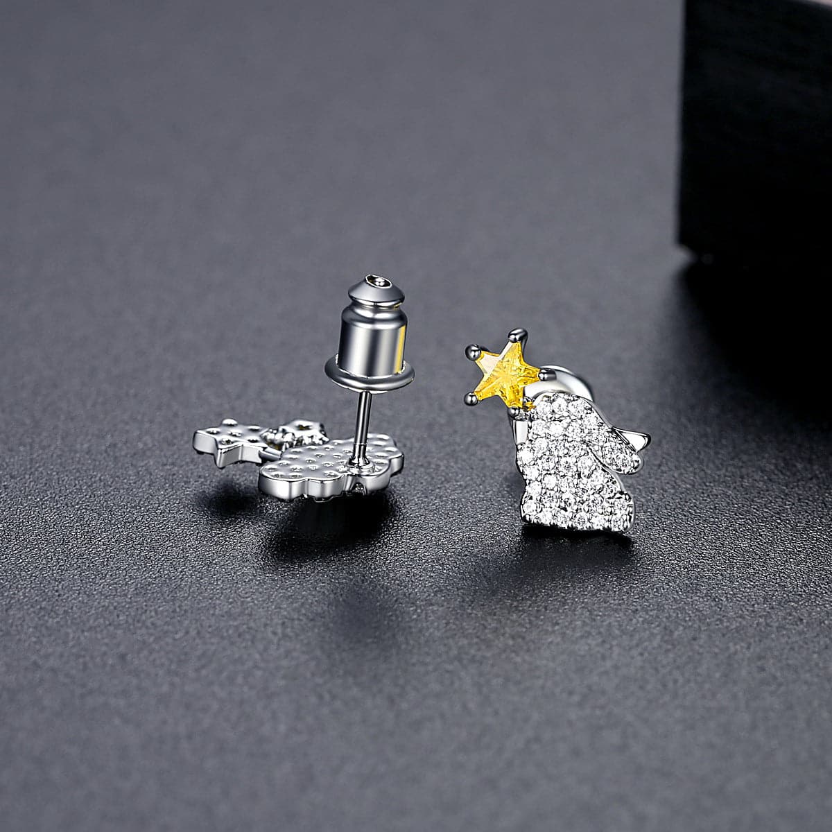 Yellow Crystal and Cubic Zirconia Silver-Plated Cloud and Rabbit Stud Earrings, silver stud earrings for..., detail close-up