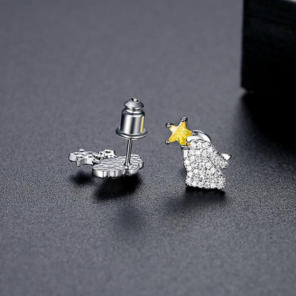 Yellow Crystal and Cubic Zirconia Silver-Plated Cloud and Rabbit Stud Earrings, silver stud earrings for..., detail close-up
