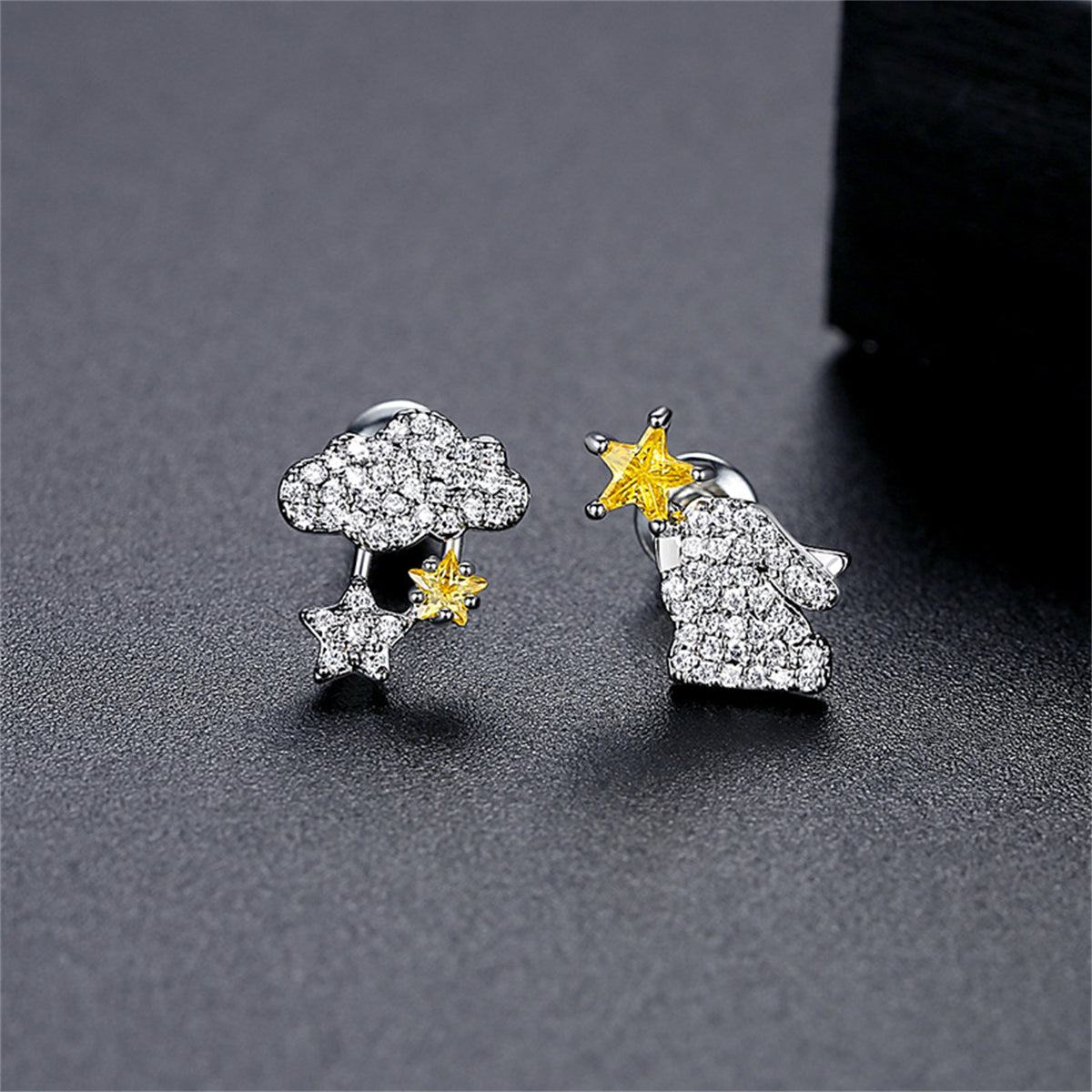 Yellow Crystal and Cubic Zirconia Silver-Plated Cloud and Rabbit Stud Earrings, silver stud earrings for women, side view