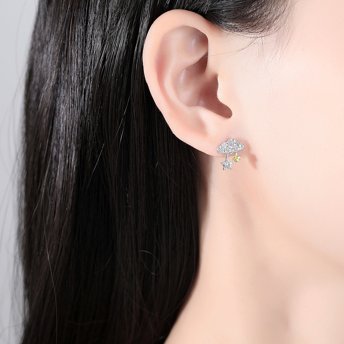 Yellow Crystal and Cubic Zirconia Silver-Plated Cloud and Rabbit Stud Earrings, silver stud earrings for..., lifestyle look