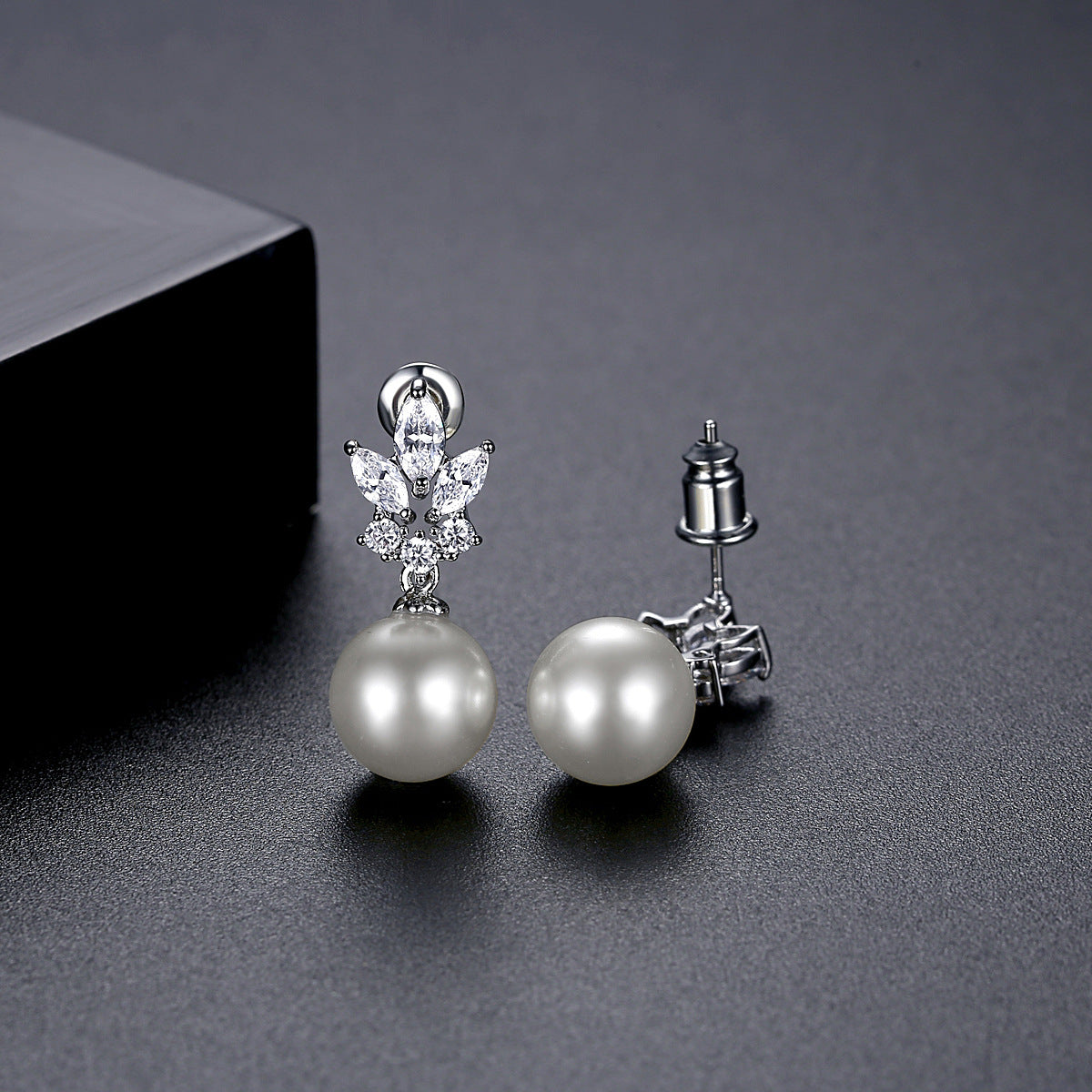 Pearl and Crystal Silver-Plated Marquise Drop Earrings, silver drop earrings for women, elegant gift for her, side view