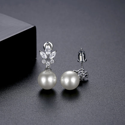 Pearl and Crystal Silver-Plated Marquise Drop Earrings, silver drop earrings for women, elegant gift for her, side view