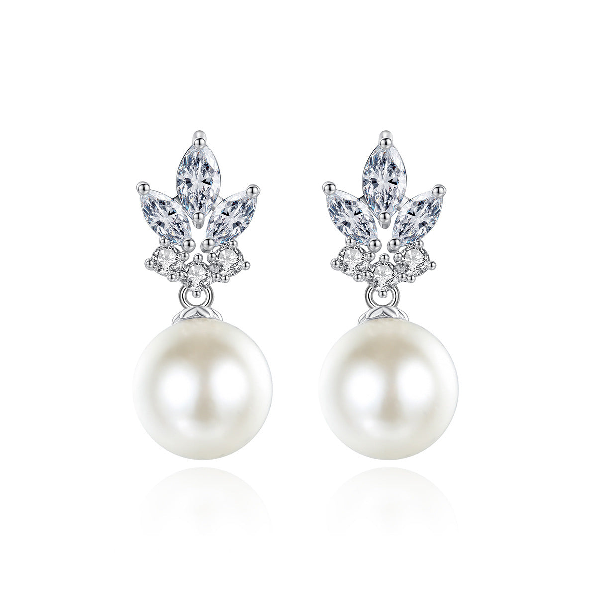 Pearl and Crystal Silver-Plated Marquise Drop Earrings, silver drop earrings for women, elegant gift for her, detail close-up