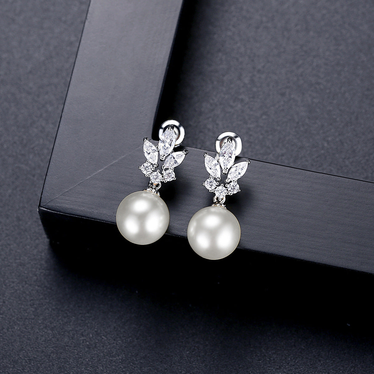 Pearl and Crystal Silver-Plated Marquise Drop Earrings, silver drop earrings for women, elegant gift for her, front view