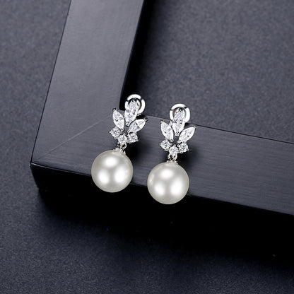 Pearl and Crystal Silver-Plated Marquise Drop Earrings, silver drop earrings for women, elegant gift for her, front view