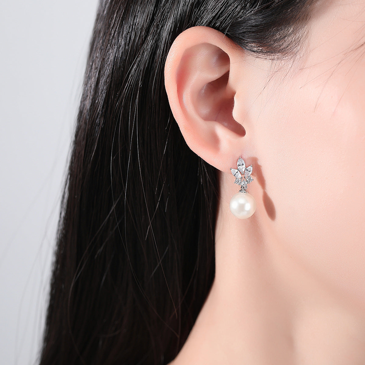 Pearl and Crystal Silver-Plated Marquise Drop Earrings, silver drop earrings for women, elegant gift for her, lifestyle look