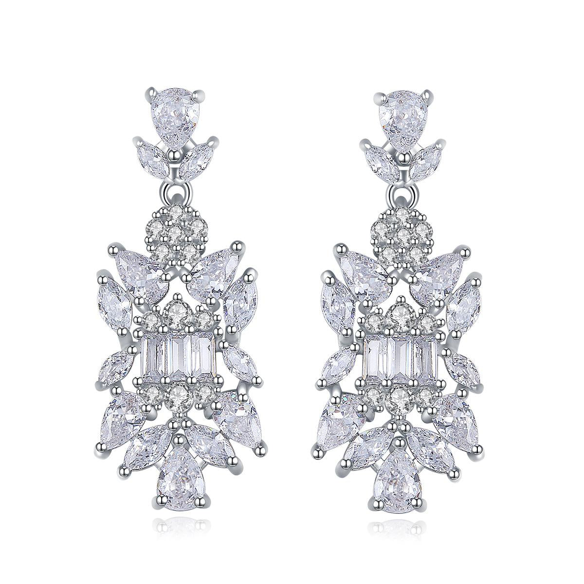 Crystal and Cubic Zirconia Symmetrical Cluster Drop Earrings, drop earrings for women, detail close-up