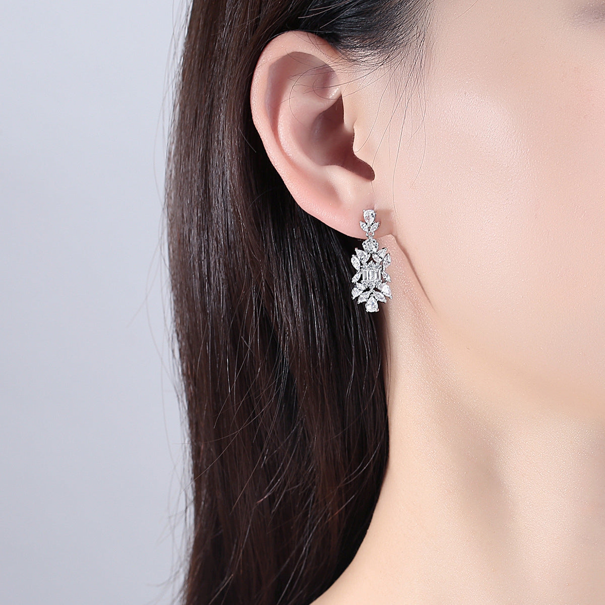 Crystal and Cubic Zirconia Symmetrical Cluster Drop Earrings, drop earrings for women, vintage-inspired design, side view