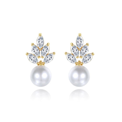 Pearl and Crystal 18K Gold-Plated Leaf Drop Earrings, gold drop earrings for women, vintage-inspired design, side view
