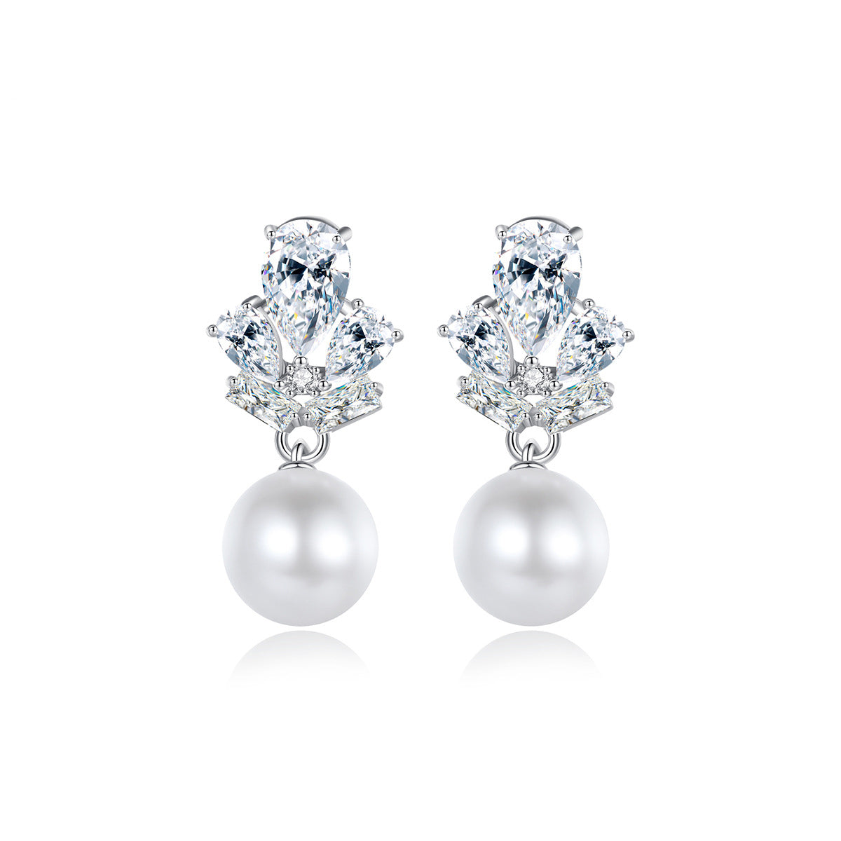 Crystal and Cubic Zirconia Pearl Silver-Plated Drop Earrings, silver drop earrings for women, botanical inspired, side view