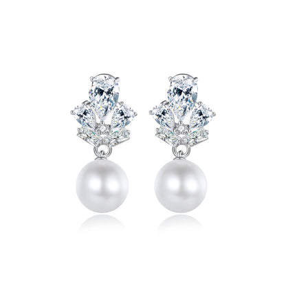 Crystal and Cubic Zirconia Pearl Silver-Plated Drop Earrings, silver drop earrings for women, botanical inspired, side view