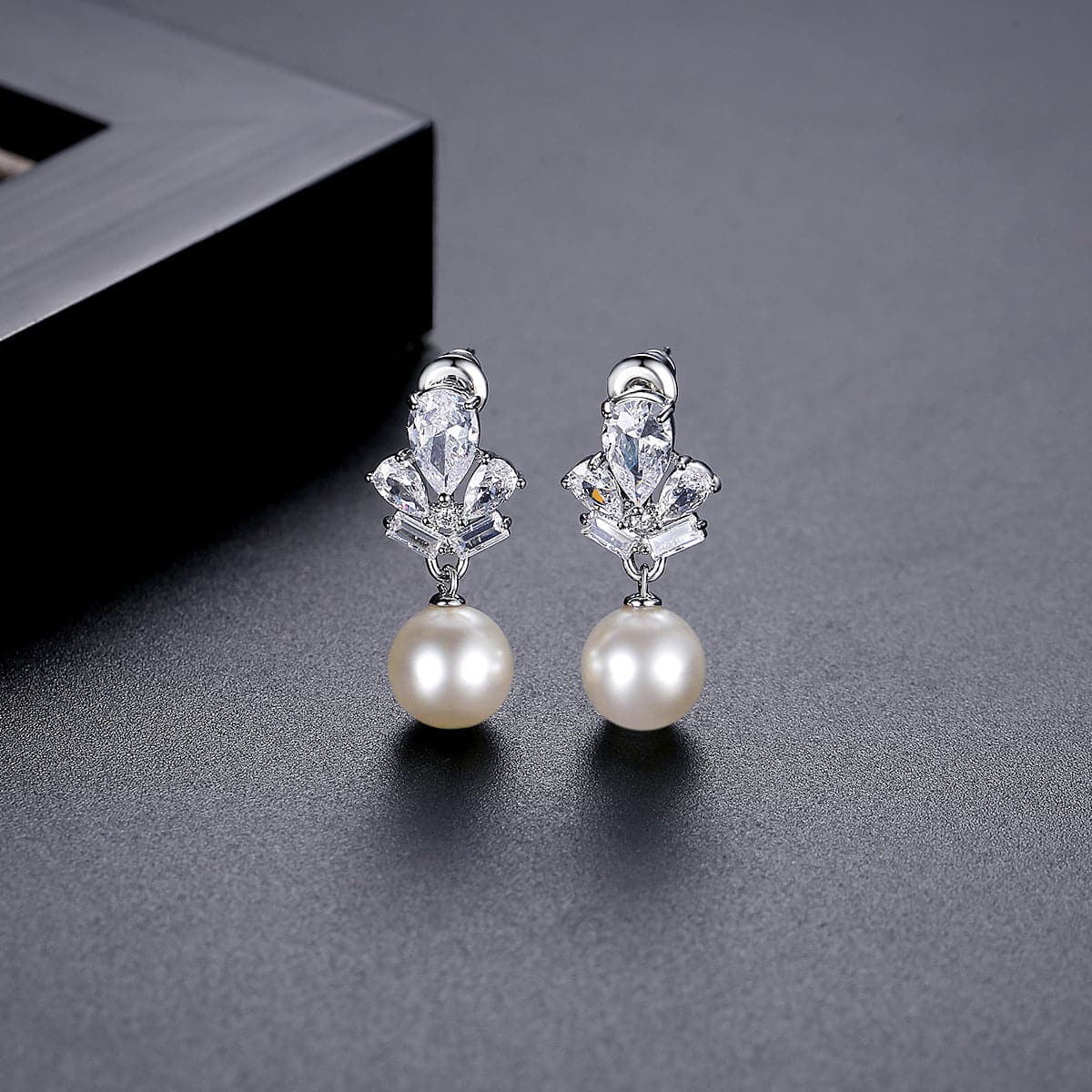 Crystal and Cubic Zirconia Pearl Silver-Plated Drop Earrings, silver drop earrings for women, botanical inspired, front view