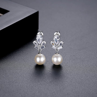 Crystal and Cubic Zirconia Pearl Silver-Plated Drop Earrings, silver drop earrings for women, botanical inspired, front view
