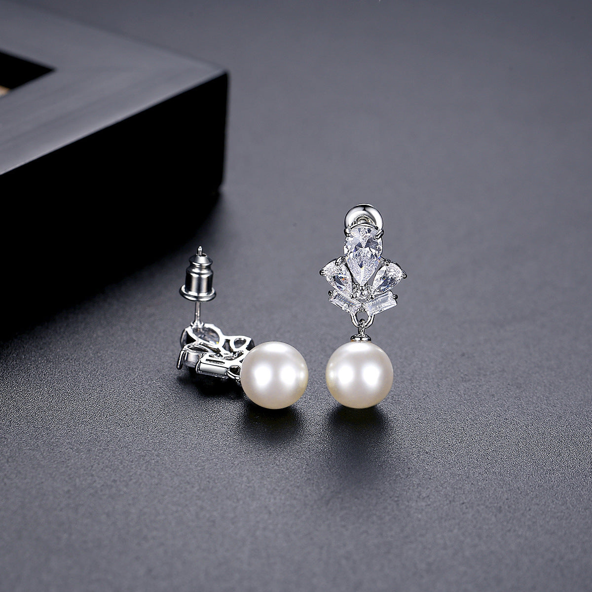Crystal and Cubic Zirconia Pearl Silver-Plated Drop Earrings, silver drop earrings for women, detail close-up