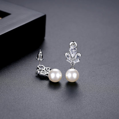 Crystal and Cubic Zirconia Pearl Silver-Plated Drop Earrings, silver drop earrings for women, detail close-up