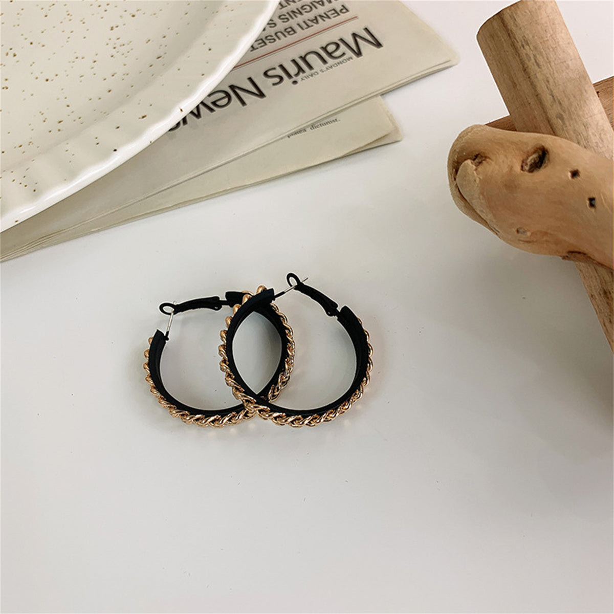 Black Enamel & 18K Gold-Plated Chain Hoop Earrings