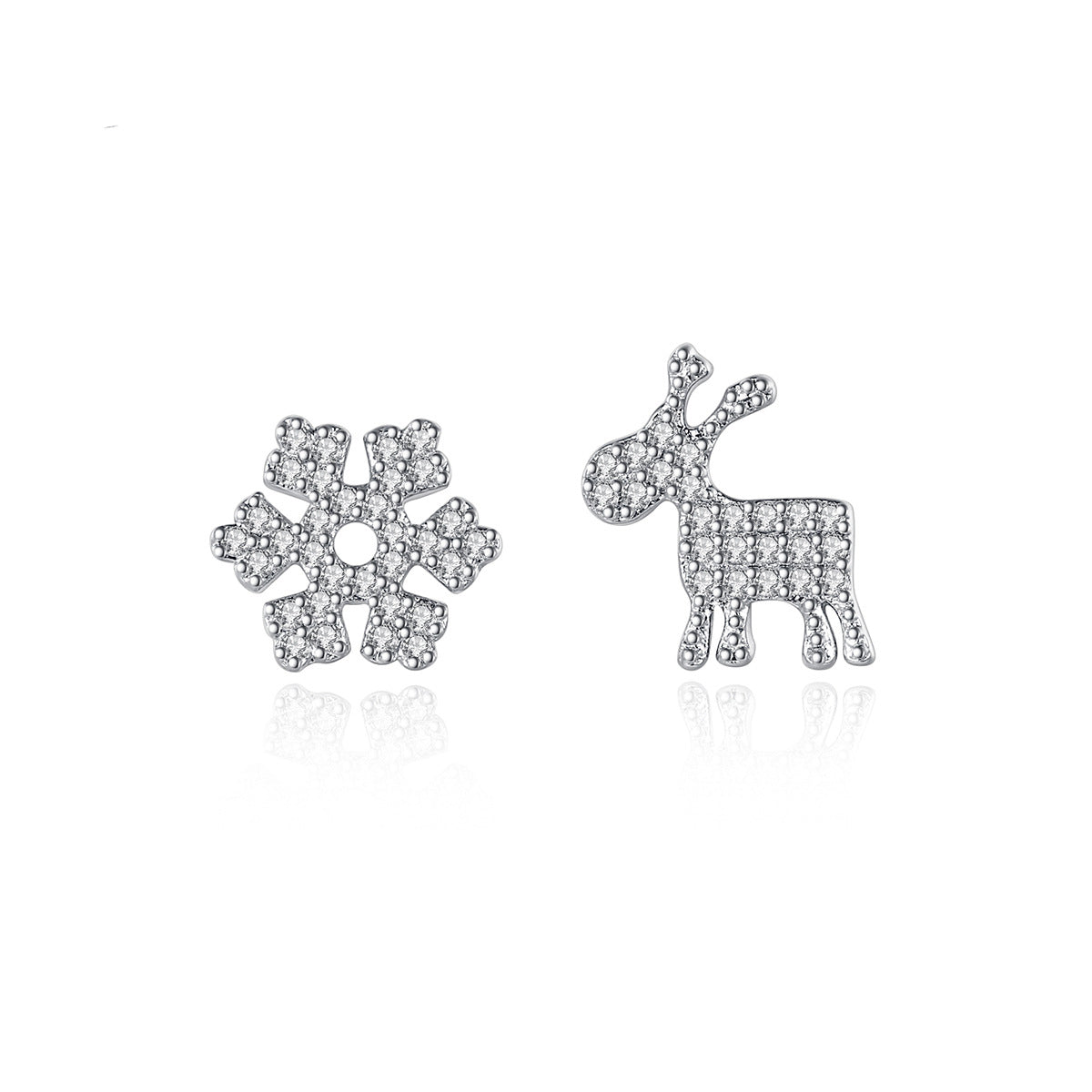 Cubic Zirconia and Silver-Plated Reindeer Snowflake Stud Earrings, silver stud earrings for women, front view