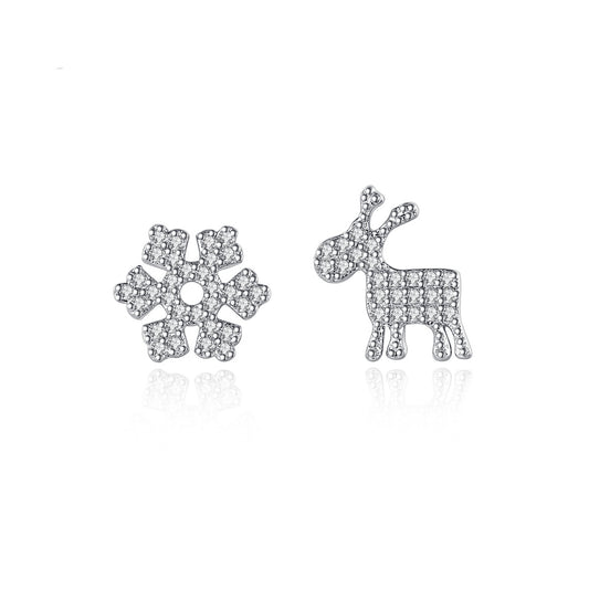 Cubic Zirconia and Silver-Plated Reindeer Snowflake Stud Earrings, silver stud earrings for women, front view