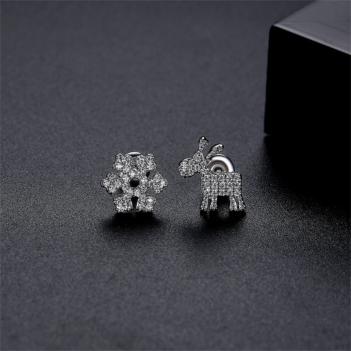 Cubic Zirconia and Silver-Plated Reindeer Snowflake Stud Earrings, silver stud earrings for women, side view