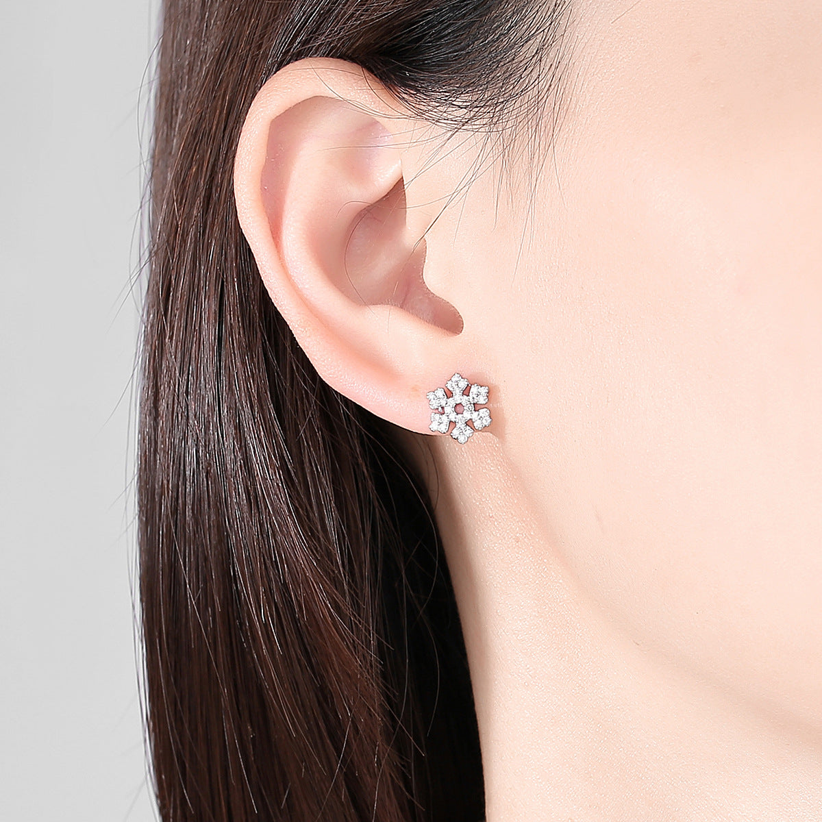 Cubic Zirconia and Silver-Plated Reindeer Snowflake Stud Earrings, silver stud earrings for women, detail close-up