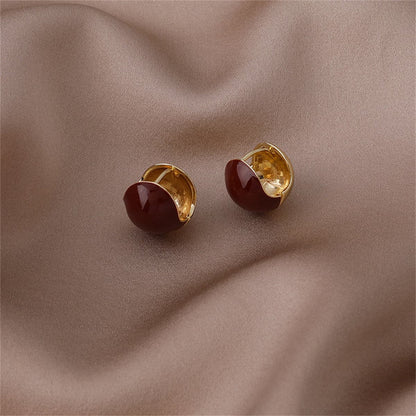 Red Enamel and 18K Gold-Plated Huggie Earring, gold huggie earrings, botanical inspired, front view