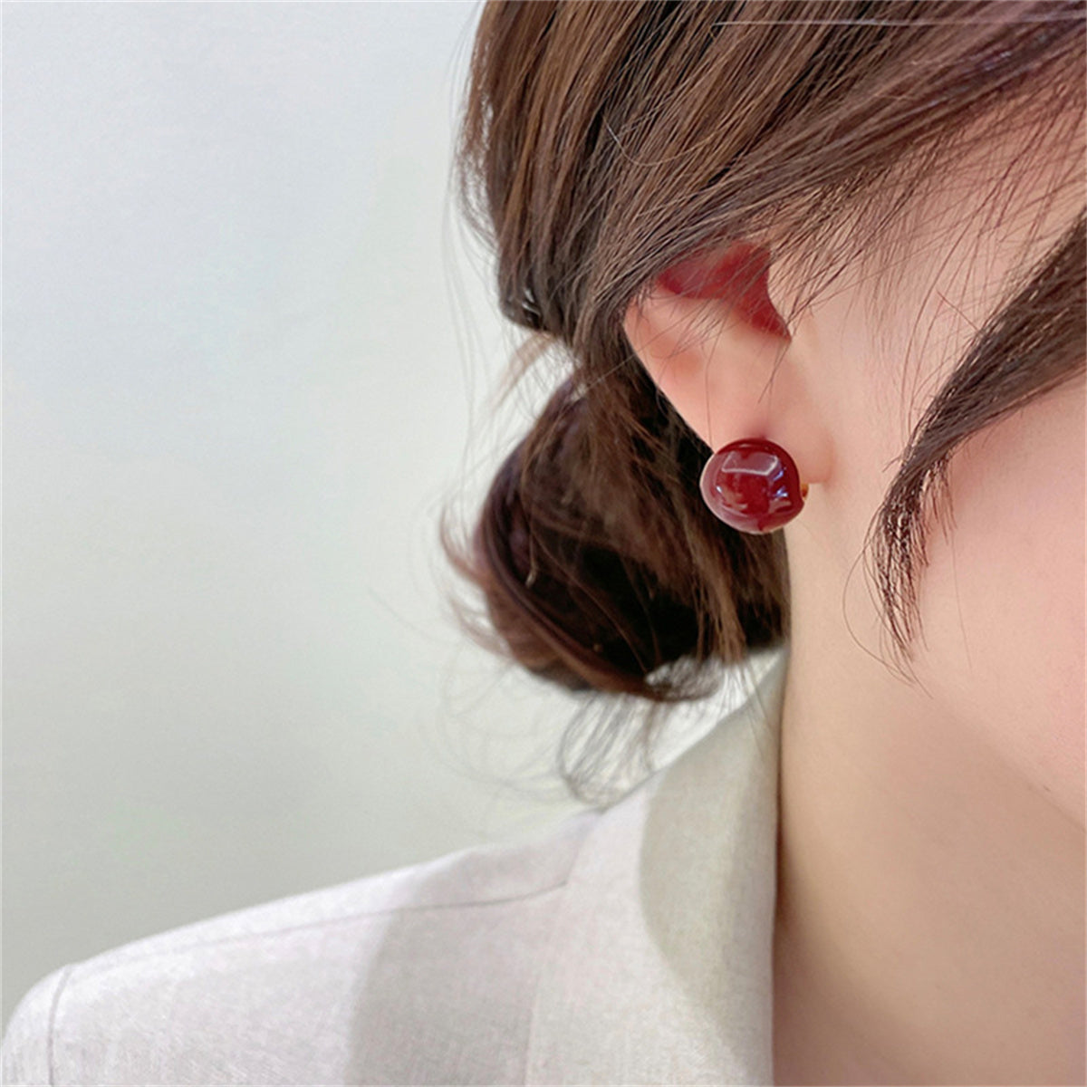 Red Enamel and 18K Gold-Plated Huggie Earring, gold huggie earrings, botanical inspired, lifestyle look