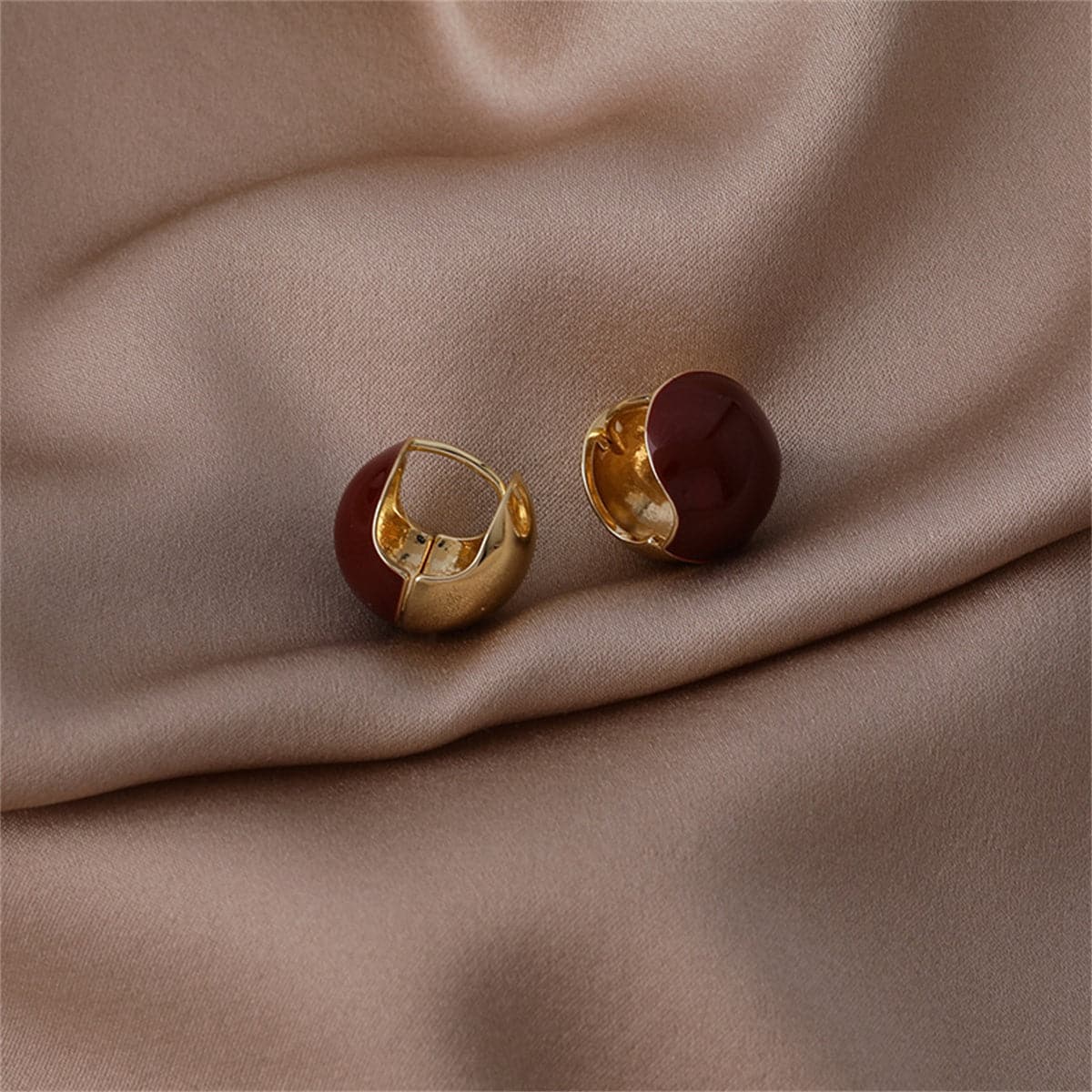 Red Enamel and 18K Gold-Plated Huggie Earring, gold huggie earrings, botanical inspired, side view