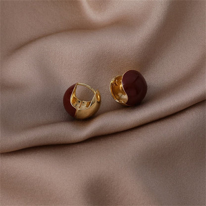 Red Enamel and 18K Gold-Plated Huggie Earring, gold huggie earrings, botanical inspired, side view