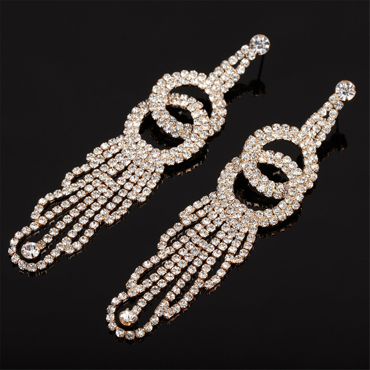 Cubic Zirconia and 18K Gold-Plated Crossing Ring Tassel Drop Earrings, gold drop earrings for women, front view