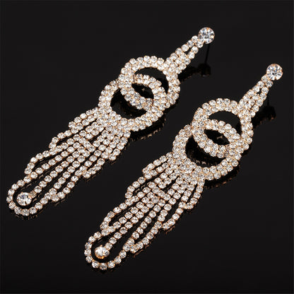 Cubic Zirconia and 18K Gold-Plated Crossing Ring Tassel Drop Earrings, gold drop earrings for women, front view