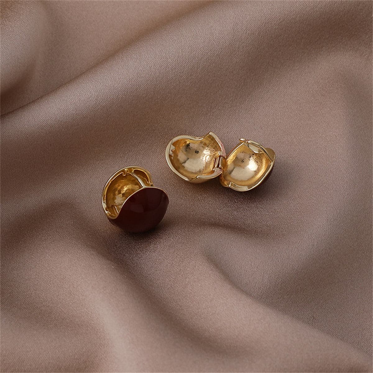 Red Enamel and 18K Gold-Plated Huggie Earring, gold huggie earrings, botanical inspired, detail close-up