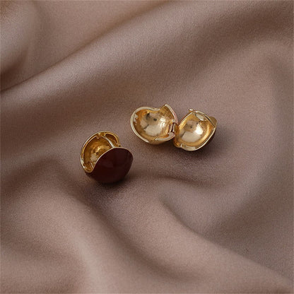 Red Enamel and 18K Gold-Plated Huggie Earring, gold huggie earrings, botanical inspired, detail close-up